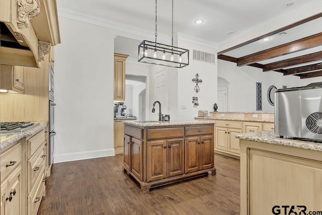 kitchen featuring a kitchen island with sink, dark wood-type flooring, light stone countertops, range hood, and beamed ceiling