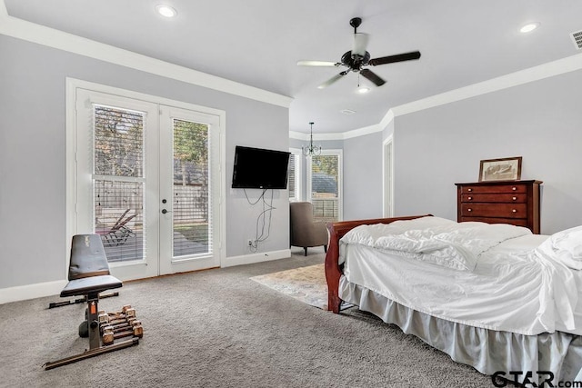 bedroom with french doors, ornamental molding, ceiling fan with notable chandelier, access to outside, and carpet floors