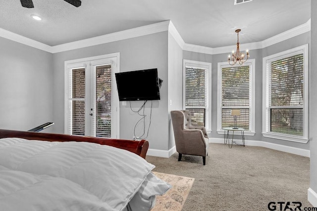 bedroom with carpet, ceiling fan with notable chandelier, access to outside, and crown molding