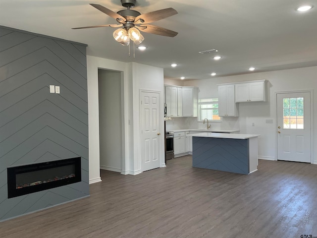 kitchen featuring white cabinets, a wealth of natural light, a fireplace, and hardwood / wood-style flooring