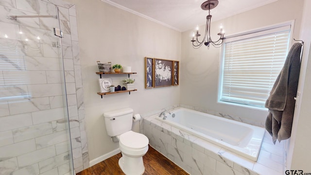 bathroom featuring shower with separate bathtub, wood-type flooring, toilet, a notable chandelier, and ornamental molding