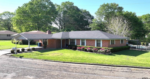 single story home featuring brick siding, driveway, a chimney, and a front lawn