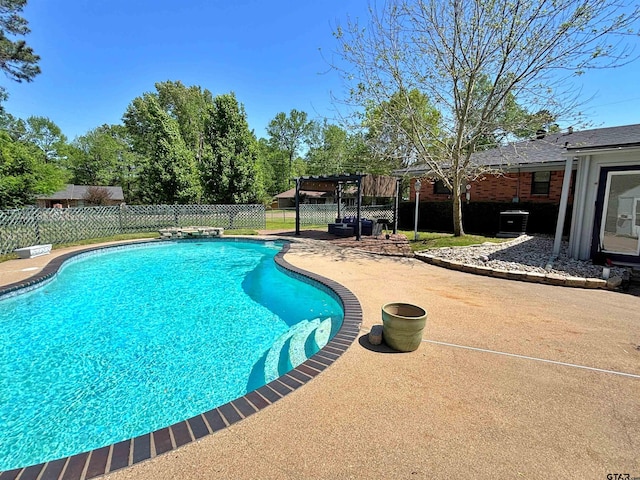 view of pool featuring a fenced in pool, a patio, a pergola, and a fenced backyard