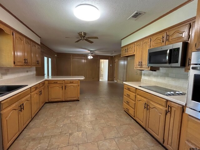 kitchen with tasteful backsplash, ceiling fan, appliances with stainless steel finishes, a peninsula, and stone finish flooring