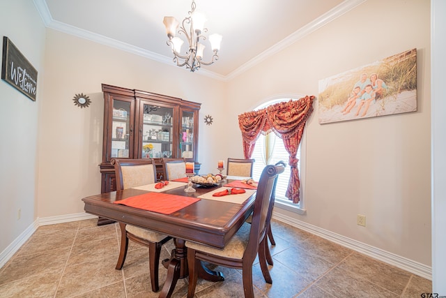 tiled dining space with an inviting chandelier and ornamental molding