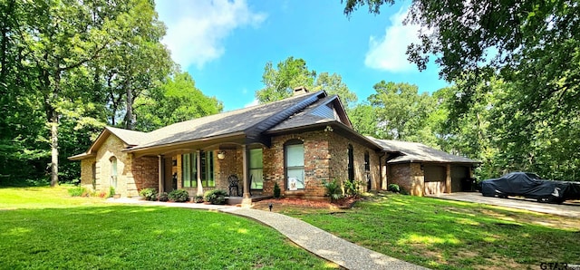 18872 Big Timber Rd, Tyler, TX 75703 - view of front of house with brick siding, a porch, a front lawn, and an attached garage