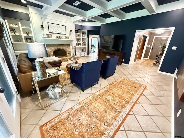 18872 Big Timber Rd, Tyler, TX 75703 - living room with built in features, tile patterned flooring, beam ceiling, coffered ceiling, and a fireplace with raised hearth