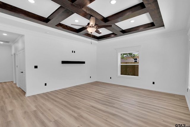 unfurnished living room featuring beamed ceiling, light hardwood / wood-style flooring, and coffered ceiling