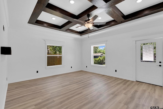 unfurnished room featuring light wood-type flooring, coffered ceiling, and beamed ceiling