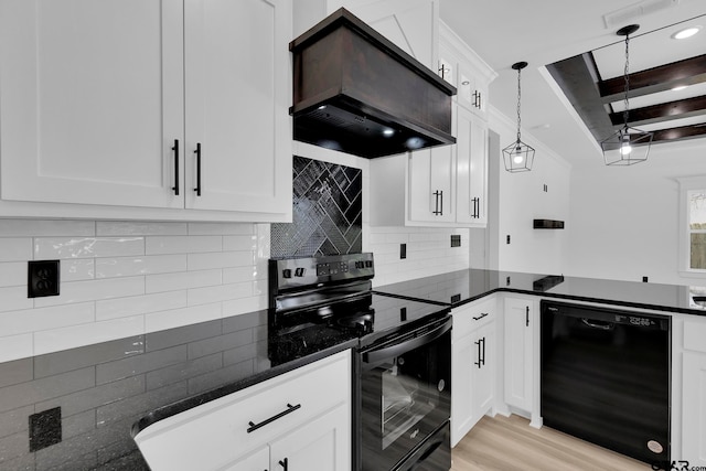 kitchen featuring white cabinets, custom range hood, black appliances, and decorative light fixtures