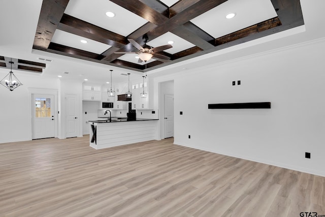 unfurnished living room with sink, coffered ceiling, ceiling fan, beam ceiling, and light wood-type flooring