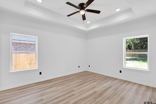 spare room featuring ornamental molding, light hardwood / wood-style floors, and a raised ceiling