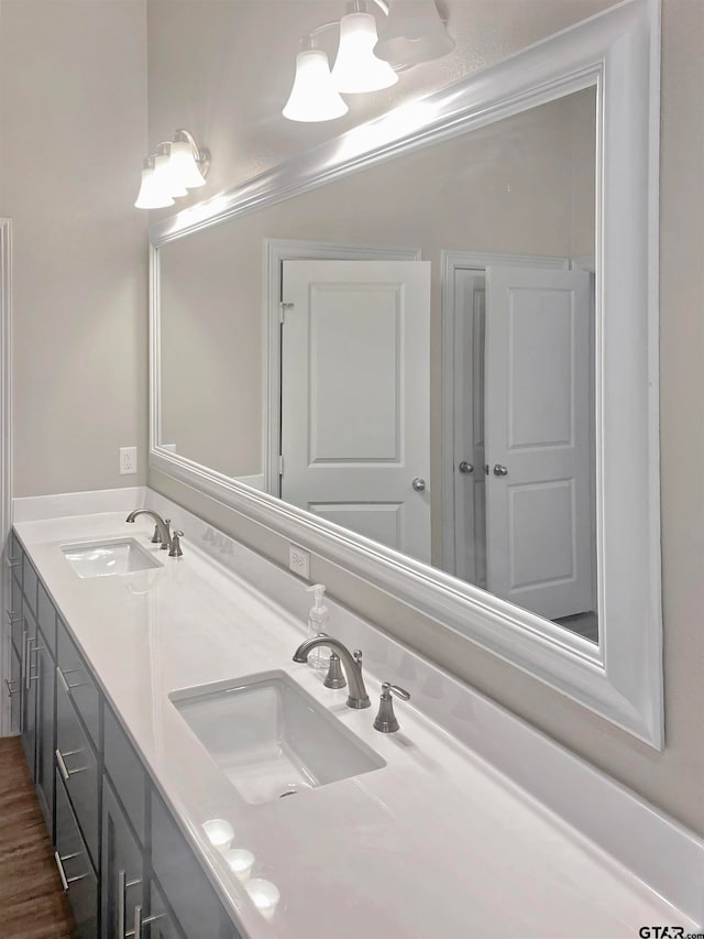 bathroom with vanity and hardwood / wood-style flooring