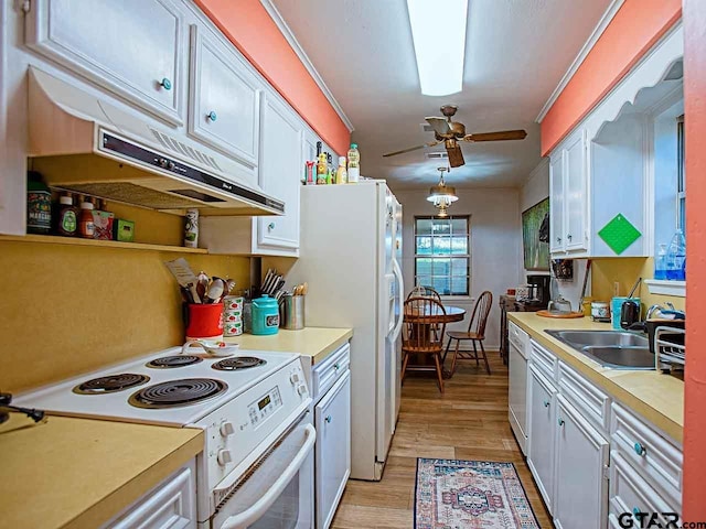 kitchen with sink, ceiling fan, white cabinetry, light hardwood / wood-style flooring, and white appliances