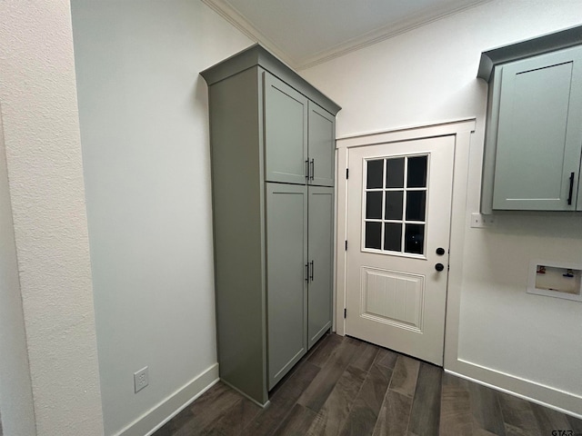 entryway featuring dark hardwood / wood-style flooring and ornamental molding