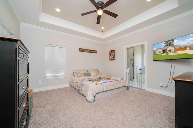 107 Hay Meadow Dr, Winona, TX 75792 - carpeted bedroom with a tray ceiling, ornamental molding, recessed lighting, baseboards, and ceiling fan