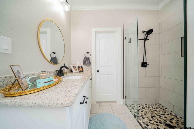107 Hay Meadow Dr, Winona, TX 75792 - full bath with crown molding, a tile shower, tile patterned flooring, and vanity