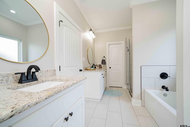 107 Hay Meadow Dr, Winona, TX 75792 - bathroom with ornamental molding, tile patterned flooring, a stall shower, two vanities, and a bath