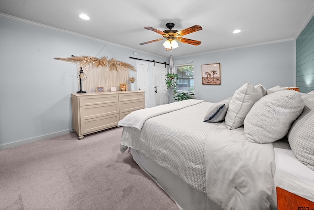 1430 Wavely St, Tyler, TX 75701 - bedroom with ornamental molding, light colored carpet, a barn door, baseboards, and recessed lighting