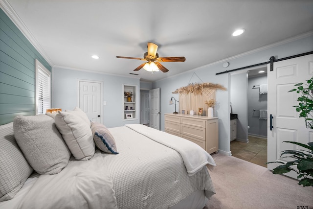 1430 Wavely St, Tyler, TX 75701 - bedroom featuring ornamental molding, recessed lighting, a barn door, carpet floors, and ceiling fan