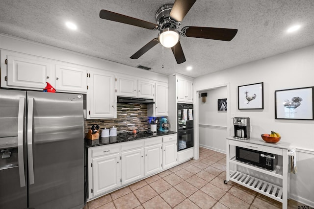 1430 Wavely St, Tyler, TX 75701 - kitchen featuring black appliances, backsplash, white cabinetry, a ceiling fan, and recessed lighting