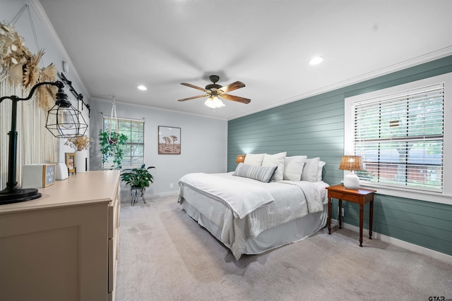 1430 Wavely St, Tyler, TX 75701 - bedroom featuring ornamental molding, baseboards, light carpet, recessed lighting, and wooden walls