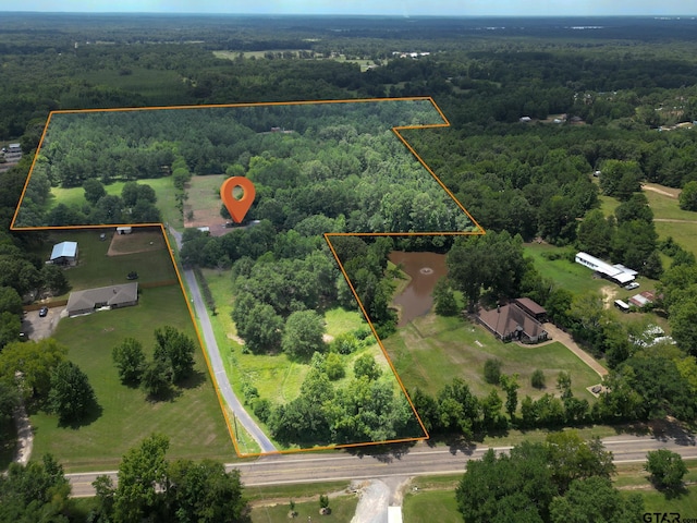 bird's eye view with a wooded view