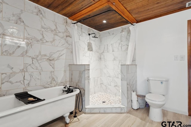 11020 Kevin Dr, Frankston, TX 75763 - bathroom with wooden ceiling, a freestanding bath, a tile shower, and toilet