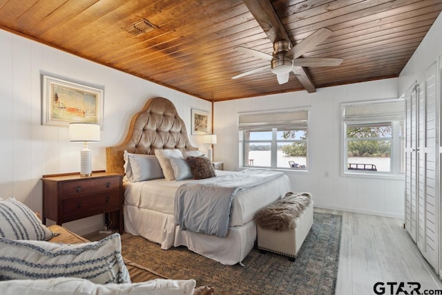11020 Kevin Dr, Frankston, TX 75763 - bedroom featuring wooden ceiling, wood finished floors, and a ceiling fan