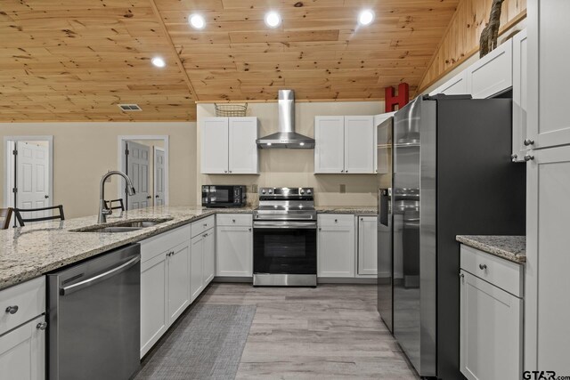 2106 Fm 1647, Winnsboro, TX 75494 - kitchen featuring a sink, appliances with stainless steel finishes, wall chimney exhaust hood, wooden ceiling, and white cabinets