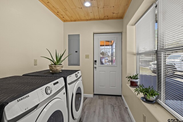2106 Fm 1647, Winnsboro, TX 75494 - laundry area with light wood-type flooring, electric panel, washing machine and dryer, wood ceiling, and laundry area