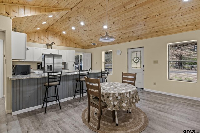 2106 Fm 1647, Winnsboro, TX 75494 - dining area with baseboards, high vaulted ceiling, light wood-style flooring, recessed lighting, and wood ceiling