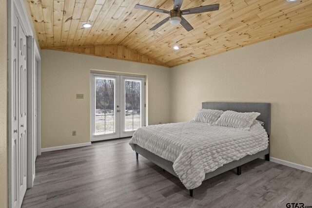 2106 Fm 1647, Winnsboro, TX 75494 - bedroom featuring wood finished floors, french doors, lofted ceiling, wood ceiling, and access to exterior