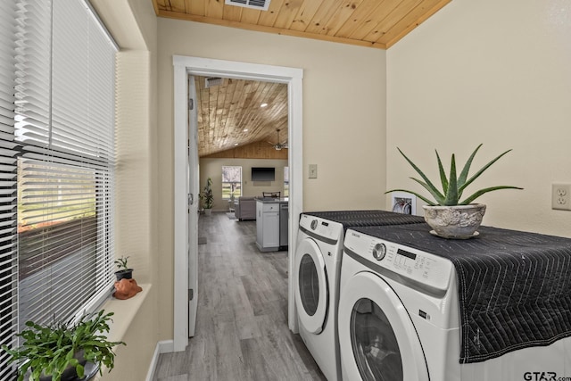 2106 Fm 1647, Winnsboro, TX 75494 - laundry area with visible vents, laundry area, light wood-style flooring, wood ceiling, and washer and dryer