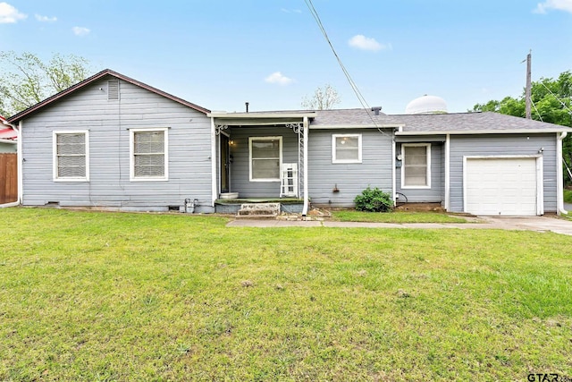 ranch-style home with an attached garage, a front lawn, fence, and driveway