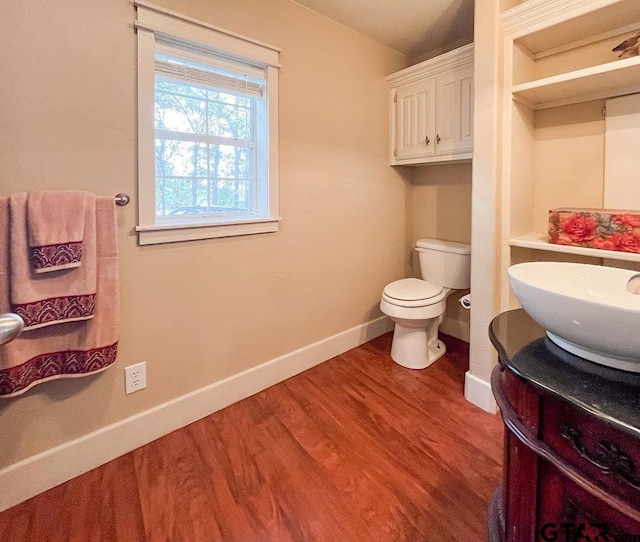 bathroom featuring wood-type flooring, toilet, and vanity