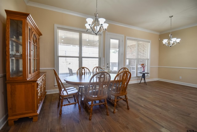 2222 Rana Park, Flint, TX 75762 - dining room with dark wood-type flooring, baseboards, crown molding, and a notable chandelier