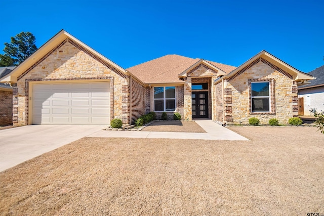 2222 Rana Park, Flint, TX 75762 - ranch-style home featuring roof with shingles, brick siding, a garage, french doors, and driveway