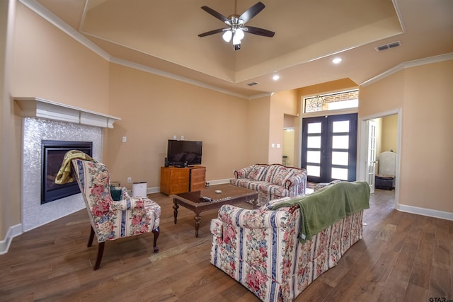 2222 Rana Park, Flint, TX 75762 - living room featuring visible vents, a fireplace, baseboards, ceiling fan, and french doors