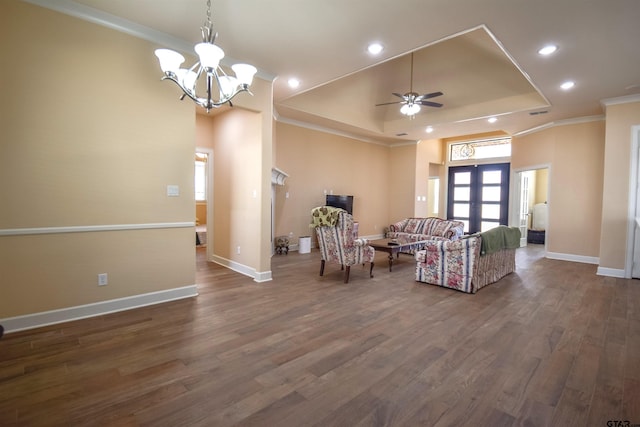 2222 Rana Park, Flint, TX 75762 - living area with baseboards, ornamental molding, a raised ceiling, and ceiling fan with notable chandelier
