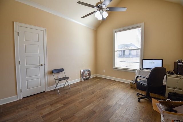 2222 Rana Park, Flint, TX 75762 - office space featuring a ceiling fan, baseboards, wood finished floors, and lofted ceiling