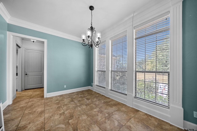 unfurnished room with a wealth of natural light, crown molding, and an inviting chandelier