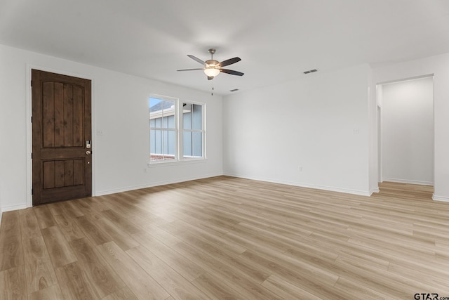 unfurnished living room featuring ceiling fan and light hardwood / wood-style floors