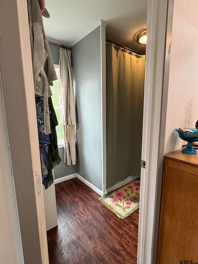 bathroom with wood-type flooring and a textured ceiling