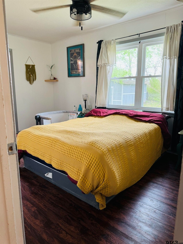 bedroom featuring ceiling fan and dark hardwood / wood-style flooring