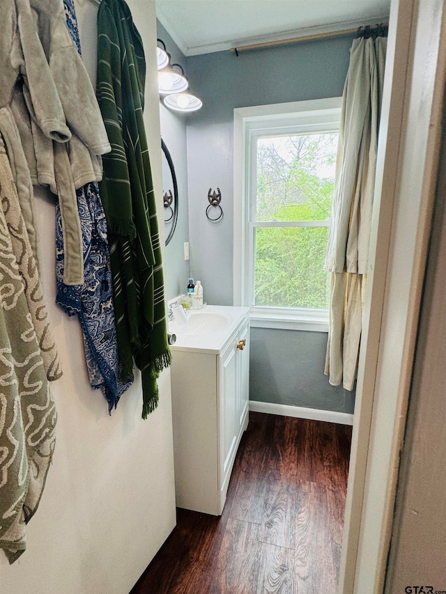 bathroom featuring hardwood / wood-style flooring and vanity