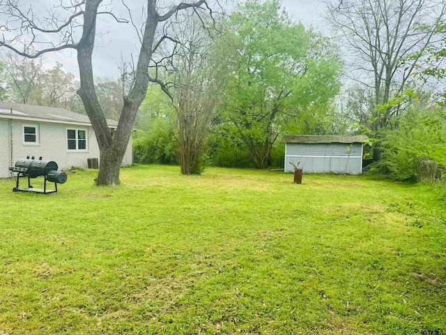 view of yard featuring cooling unit and a storage unit