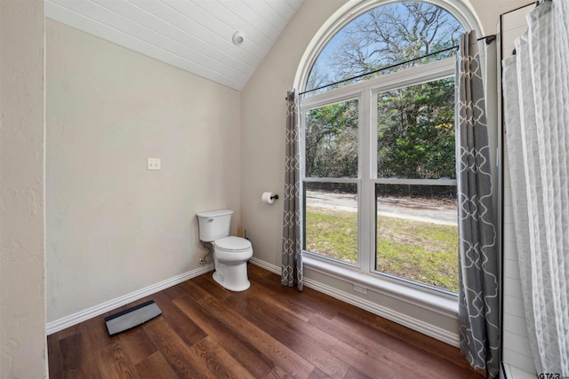 bathroom featuring lofted ceiling, hardwood / wood-style flooring, and toilet