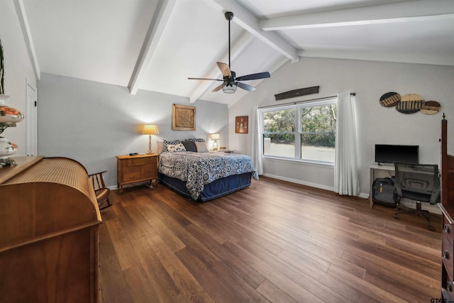 bedroom featuring dark hardwood / wood-style flooring, vaulted ceiling with beams, and ceiling fan