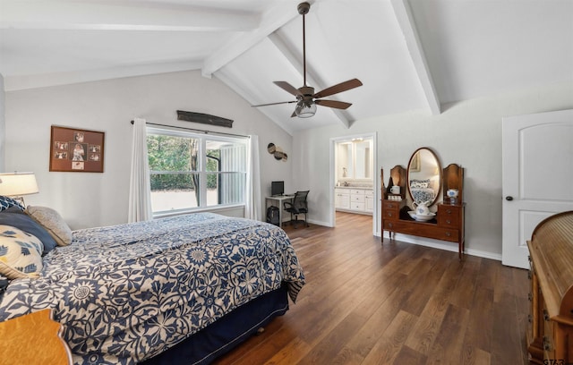 bedroom featuring ensuite bathroom, dark hardwood / wood-style floors, vaulted ceiling with beams, and ceiling fan